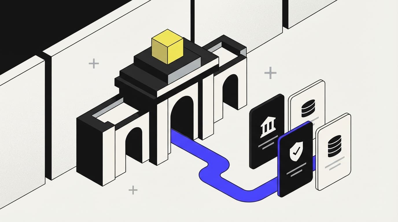 Isometric architectural gatehouse representing compliant agent software entry