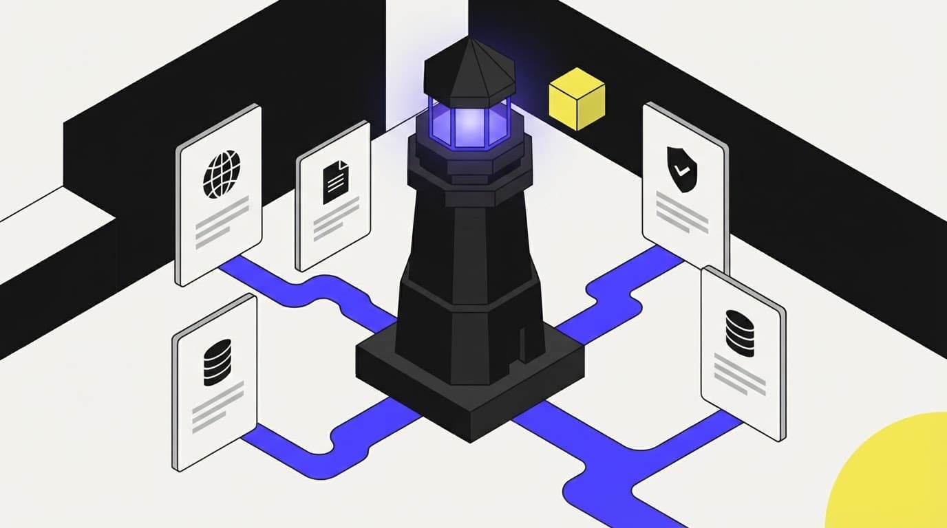 Isometric illustration of a lighthouse representing continuous AI monitoring