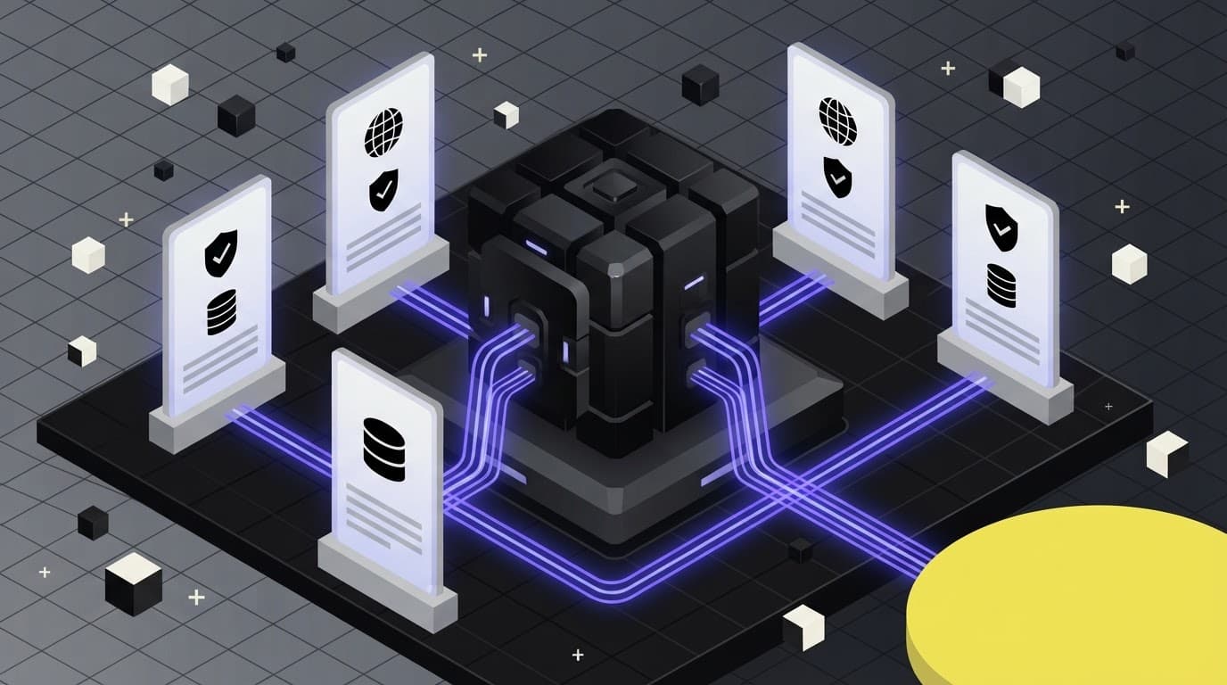 Isometric illustration of a secure data vault and compliance cards