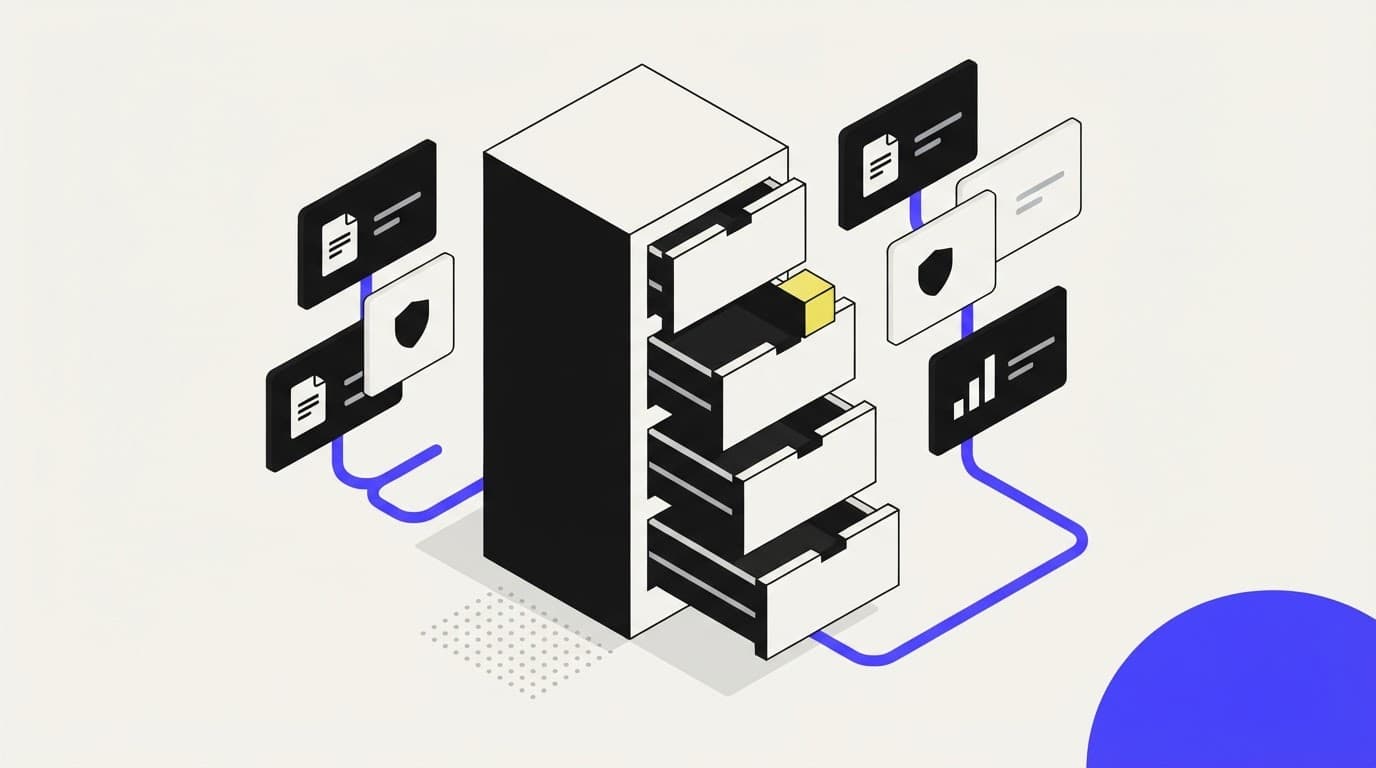 Isometric illustration of a document filing system with floating cards