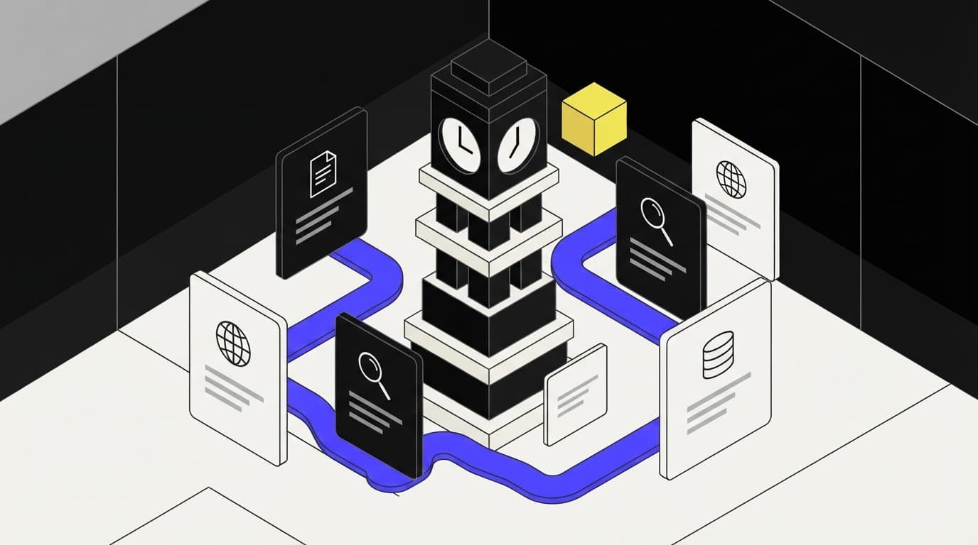 Isometric illustration of a time-saving research clock tower