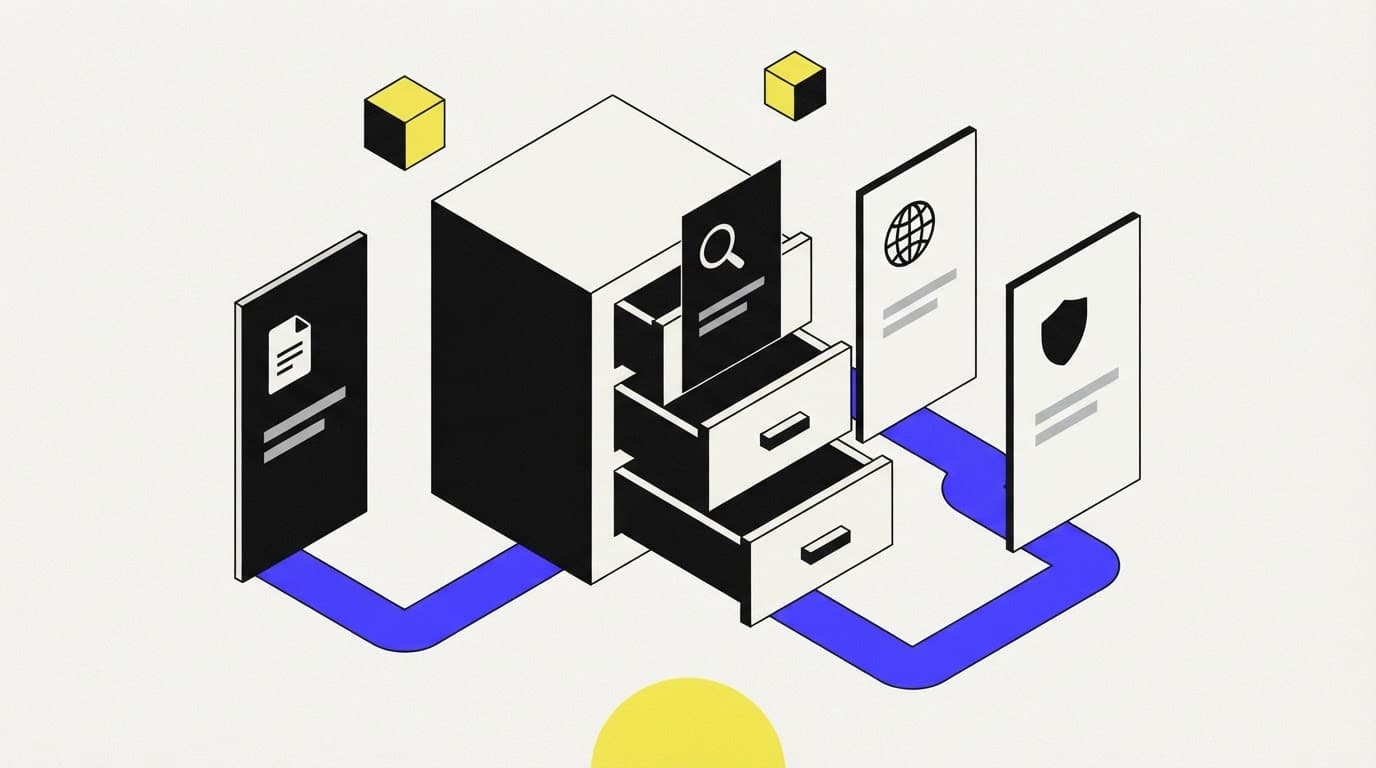 Isometric illustration of an archival cabinet with citation cards