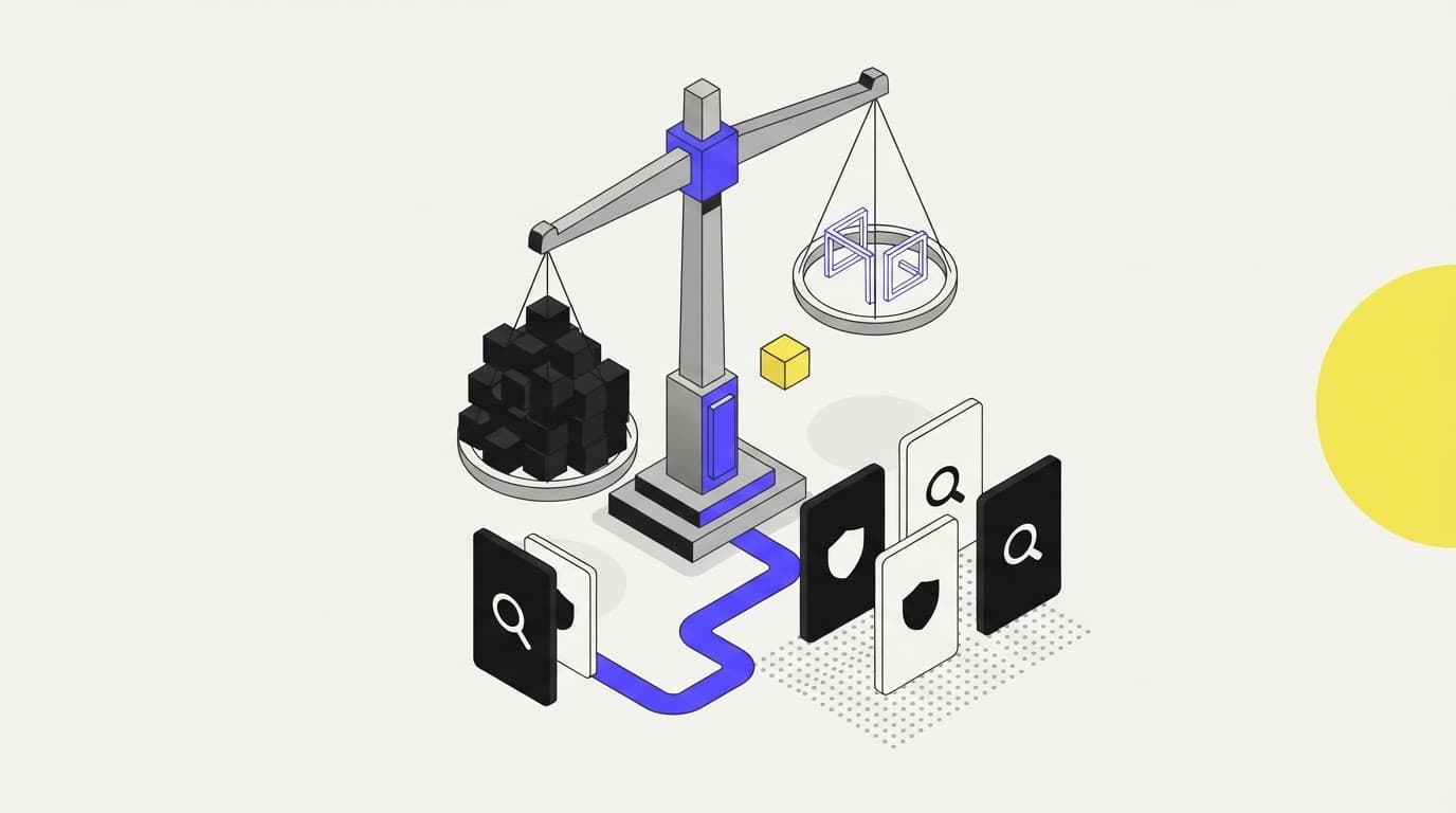 A balance scale illustration comparing generic AI with defensible research platforms