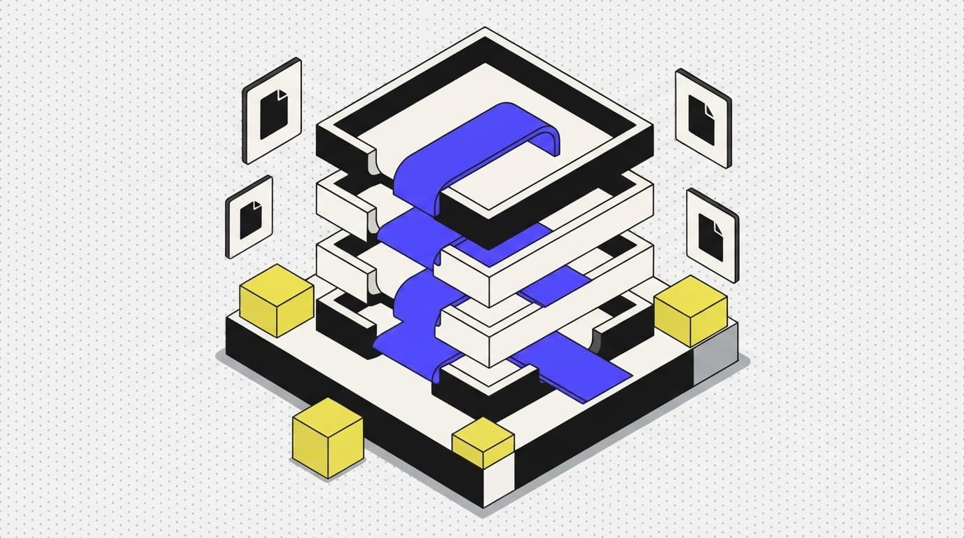 Isometric illustration of a multi-tiered document tray representing AI-driven company research