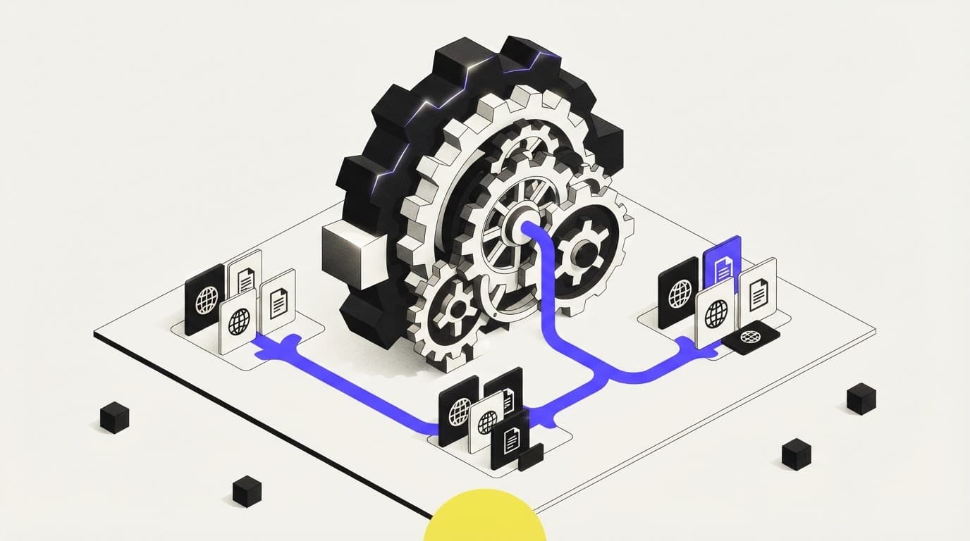 Isometric illustration of a mechanical gear system representing continuous monitoring processes