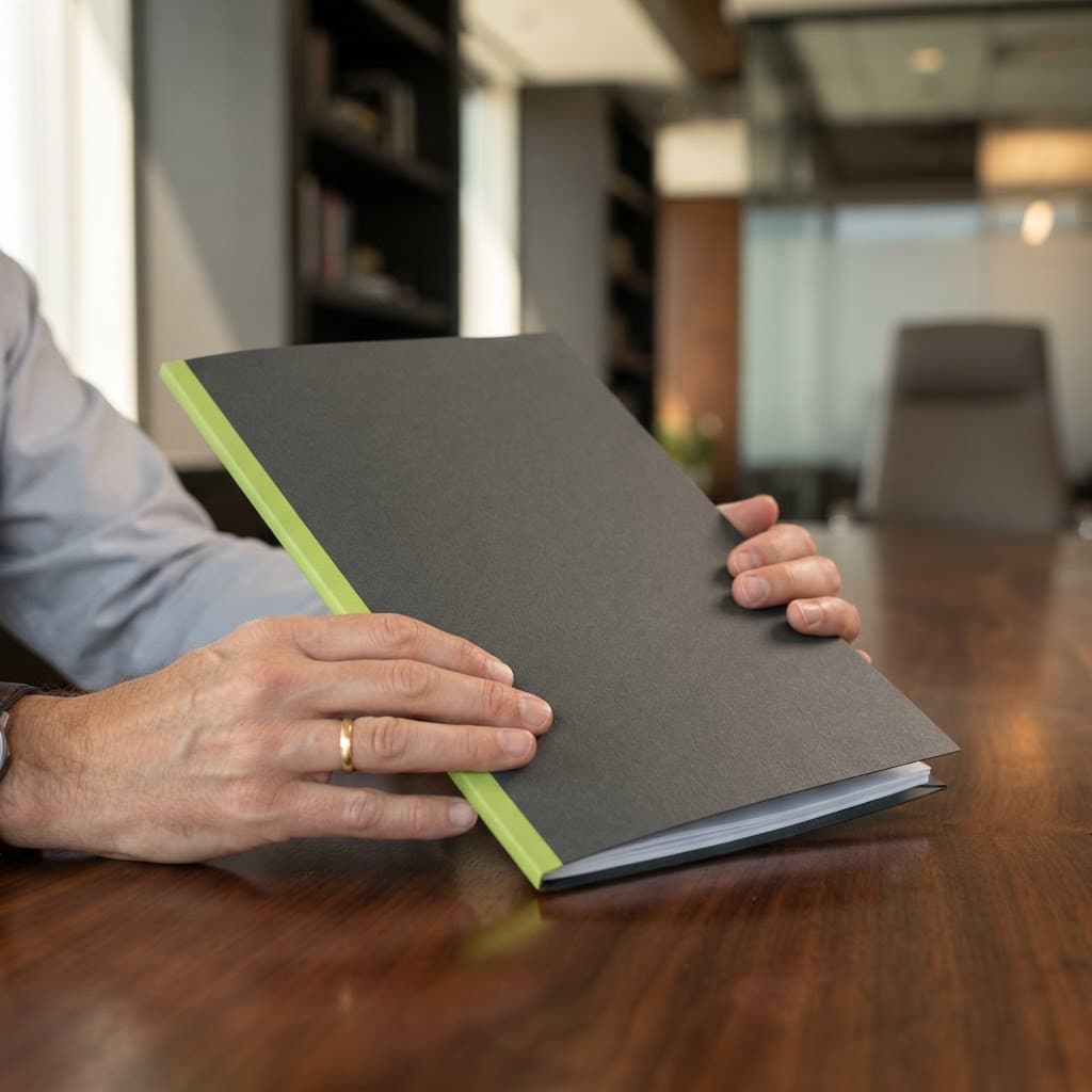 Professional hands holding a document folder on a desk
