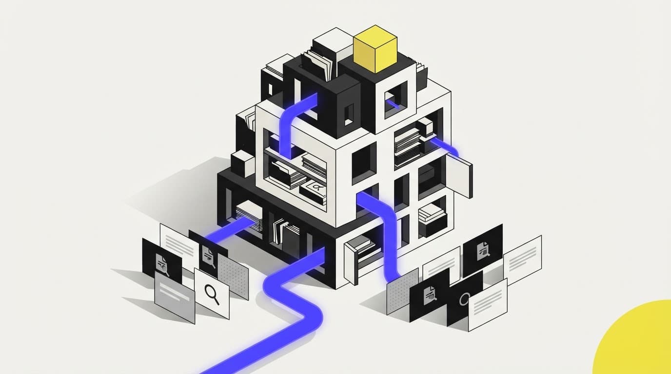 Isometric 3D illustration of an architectural document vault and analysis paths