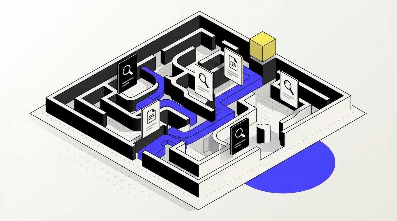 A complex 3D isometric labyrinth representing deep research processes