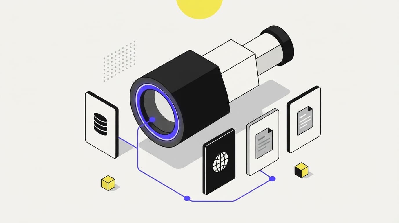 Isometric telescope hero object representing precision in deep research