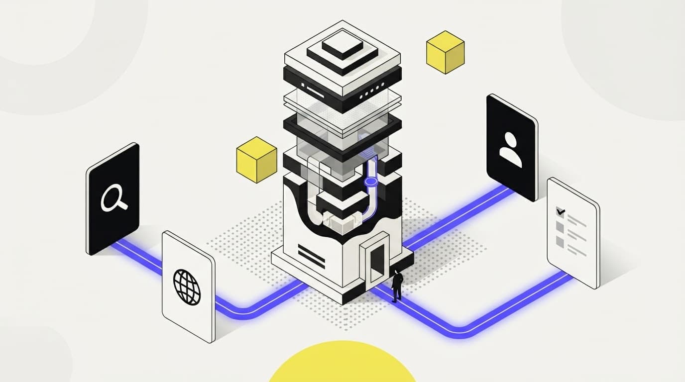 Isometric illustration of a multi-stage data filtration column for due diligence
