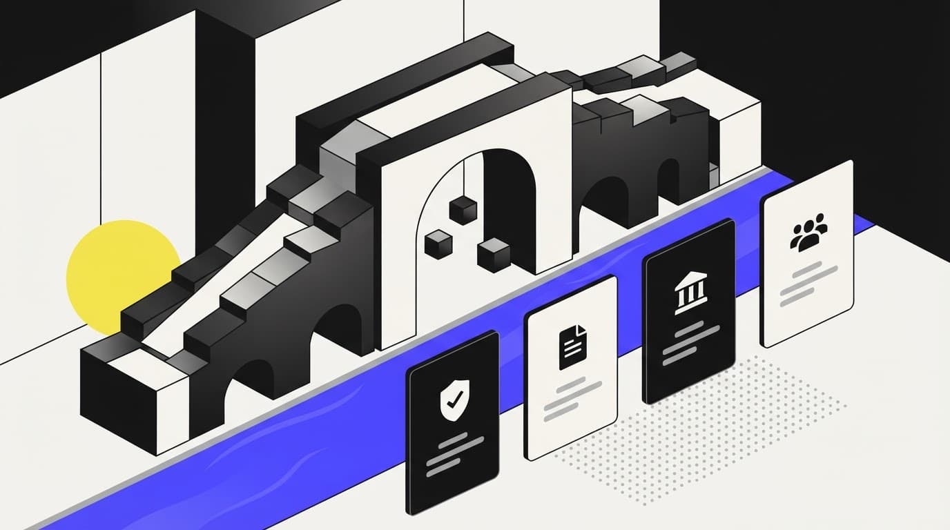Isometric illustration of a bridge representing the shift to regulated AI research