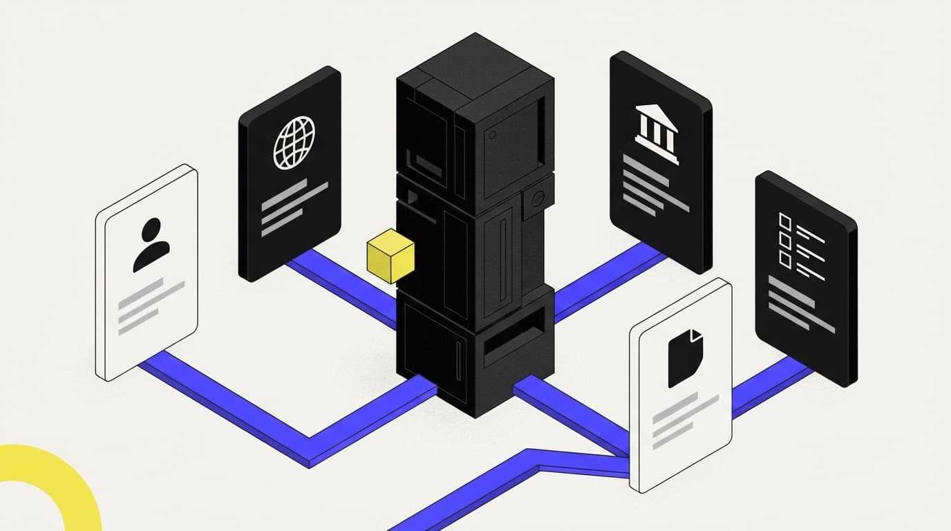 Isometric data repository illustration with connected compliance cards