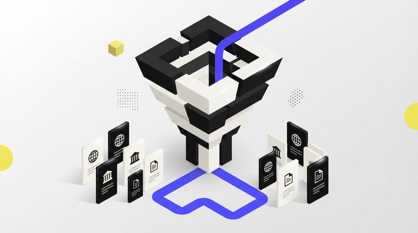 A stylized 3D sorting funnel refining signals into structured alerts