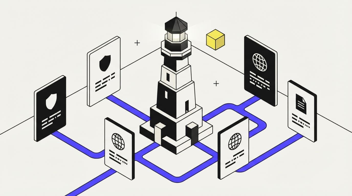 Isometric illustration of a lighthouse hero object with research cards