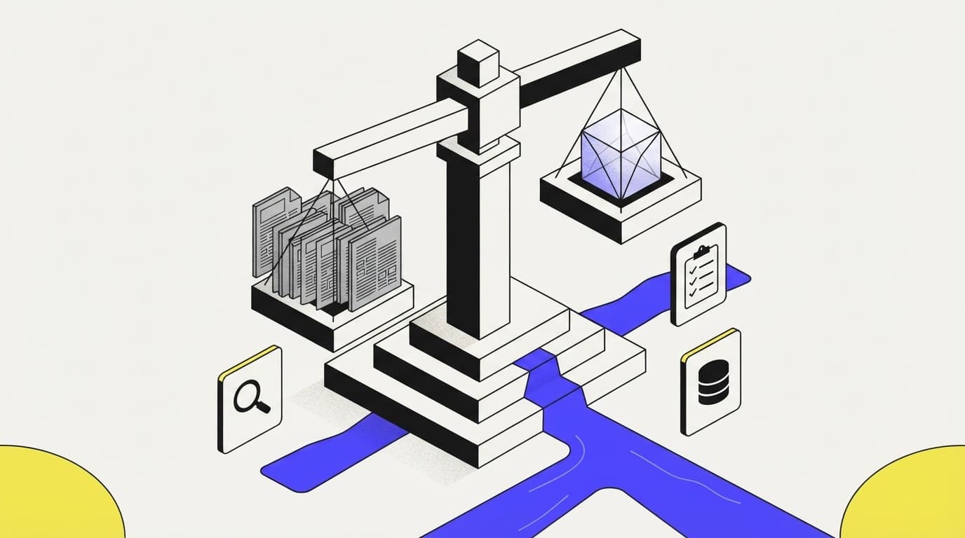 Isometric illustration of a scale comparing data research tools