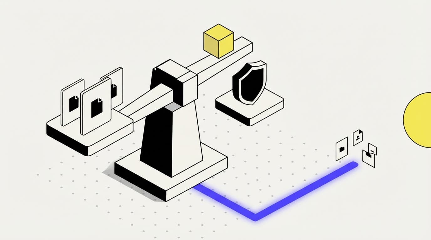 Isometric balance scale comparing research tools for compliance