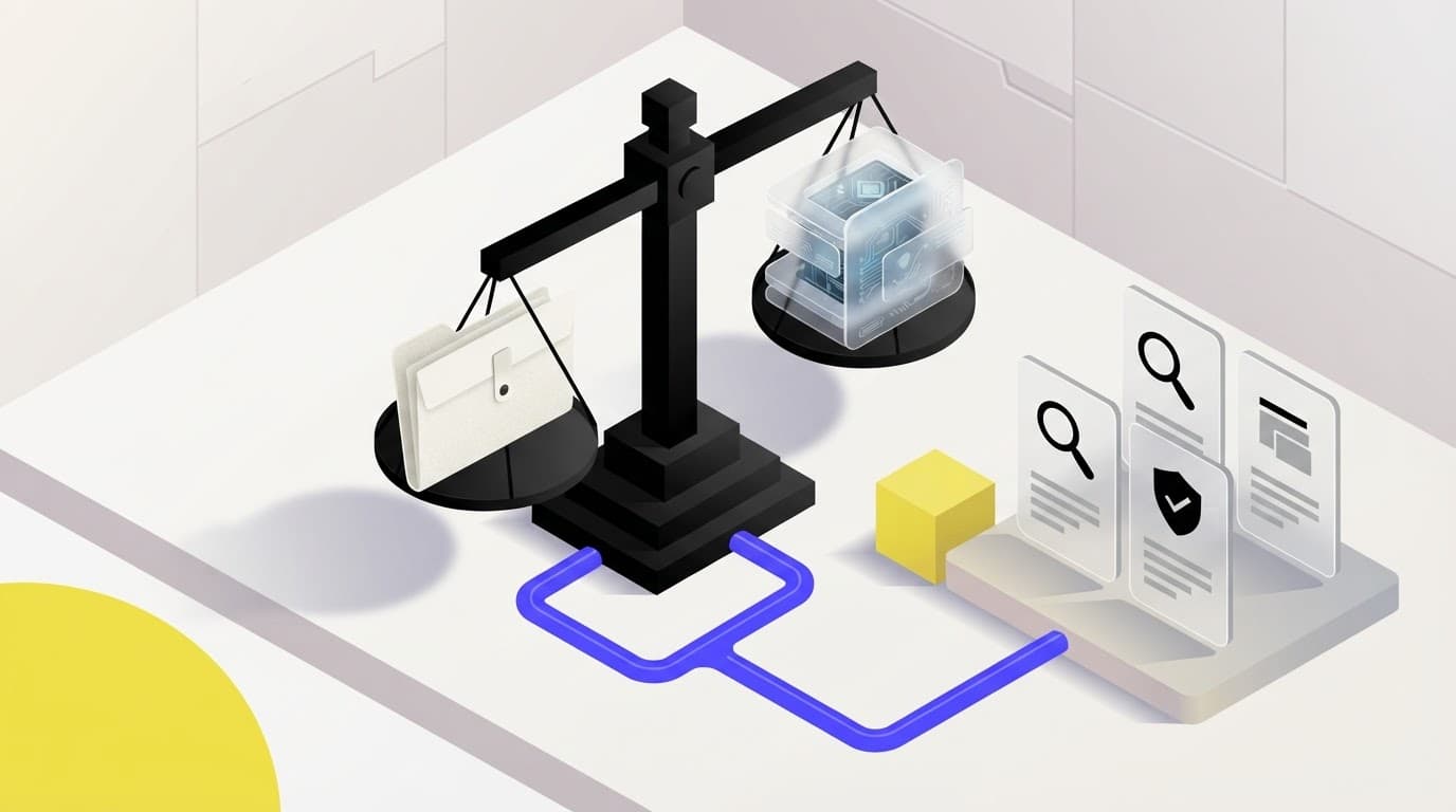 Isometric illustration of a scale comparing document retrieval and agentic research