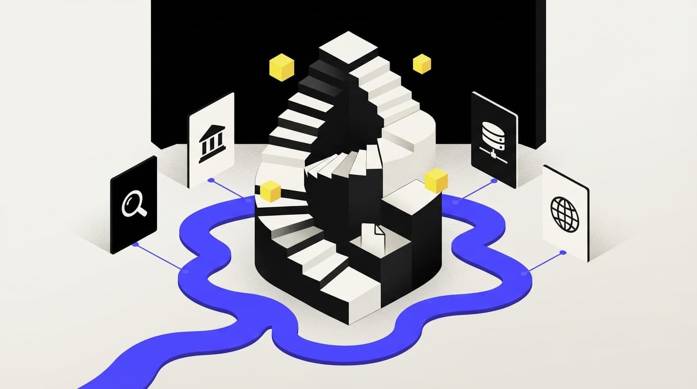 An isometric spiral staircase illustration representing the depth of compliance research