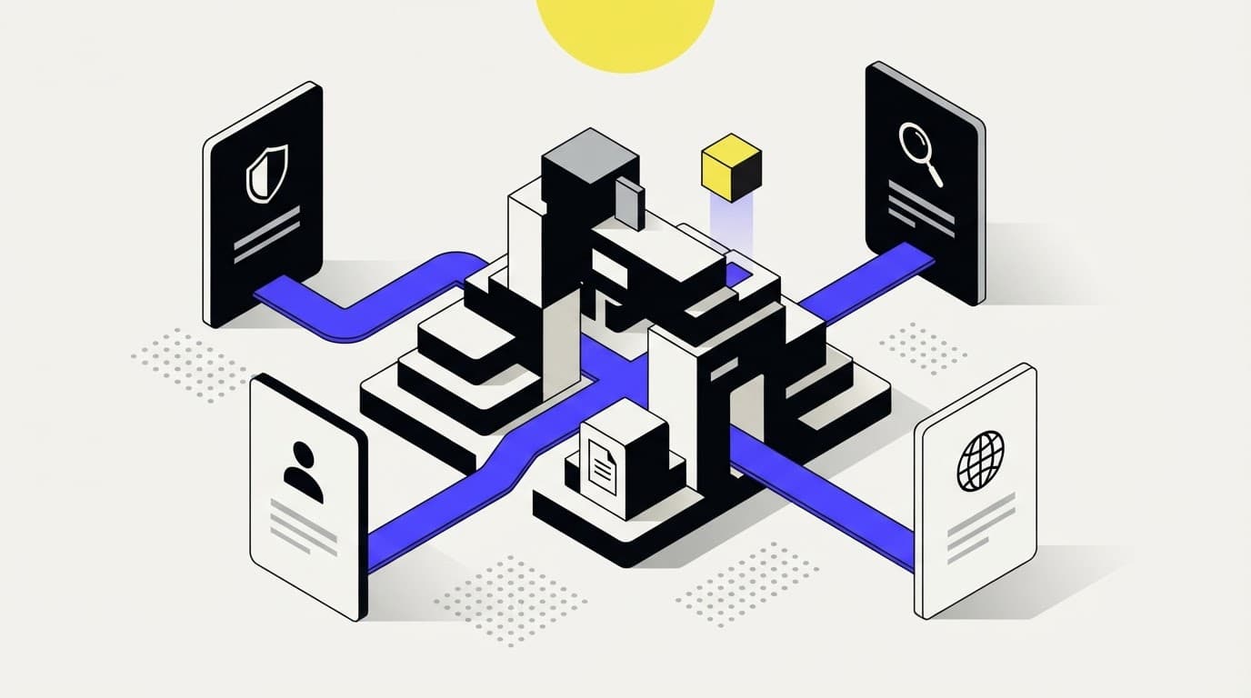 Isometric illustration of a regulatory gateway and audit cards
