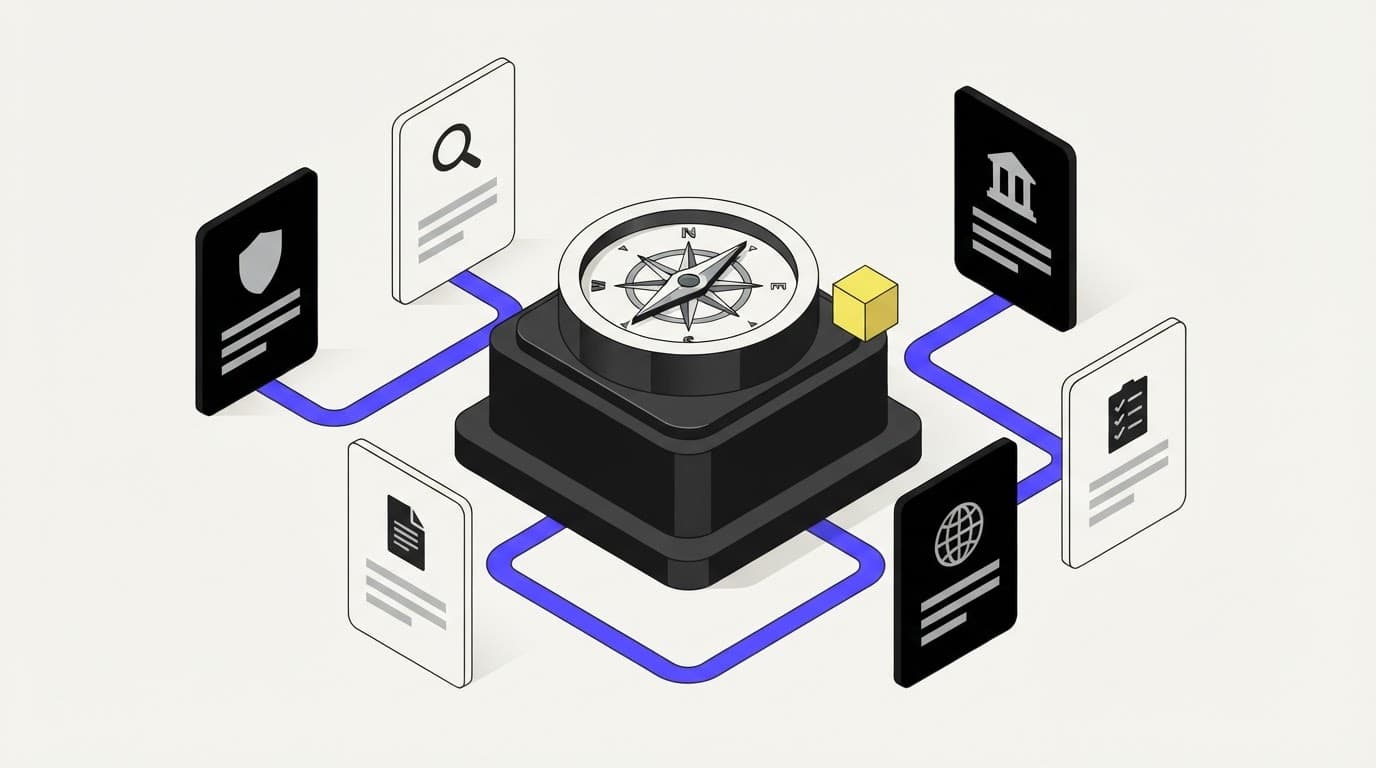 A geometric navigation dial on a pedestal representing vendor evaluation
