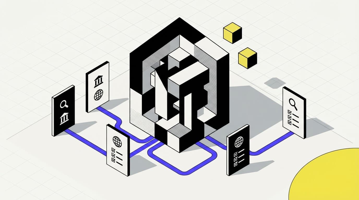 Isometric illustration of a central data prism with research cards