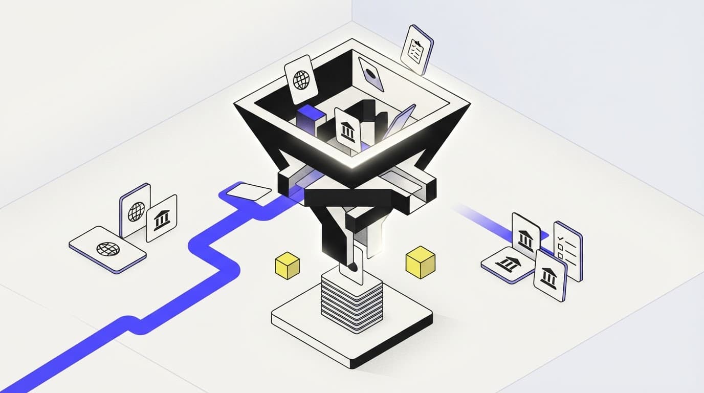 A funnel sorting scattered business listing cards into a single ordered stack