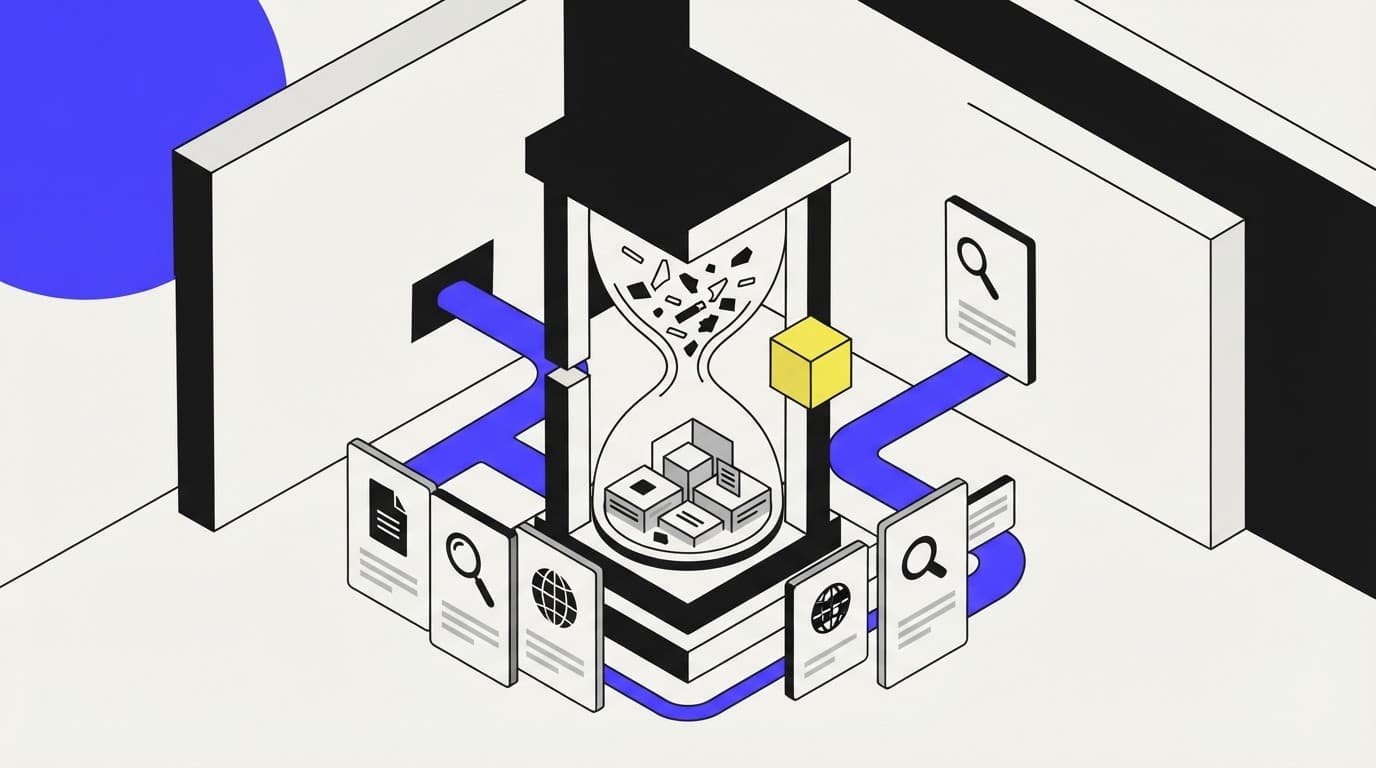 Isometric illustration of an hourglass transforming raw data into structured intelligence