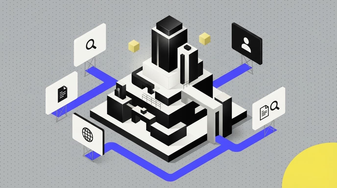 Isometric illustration of a knowledge synthesis hub for OSINT compliance research