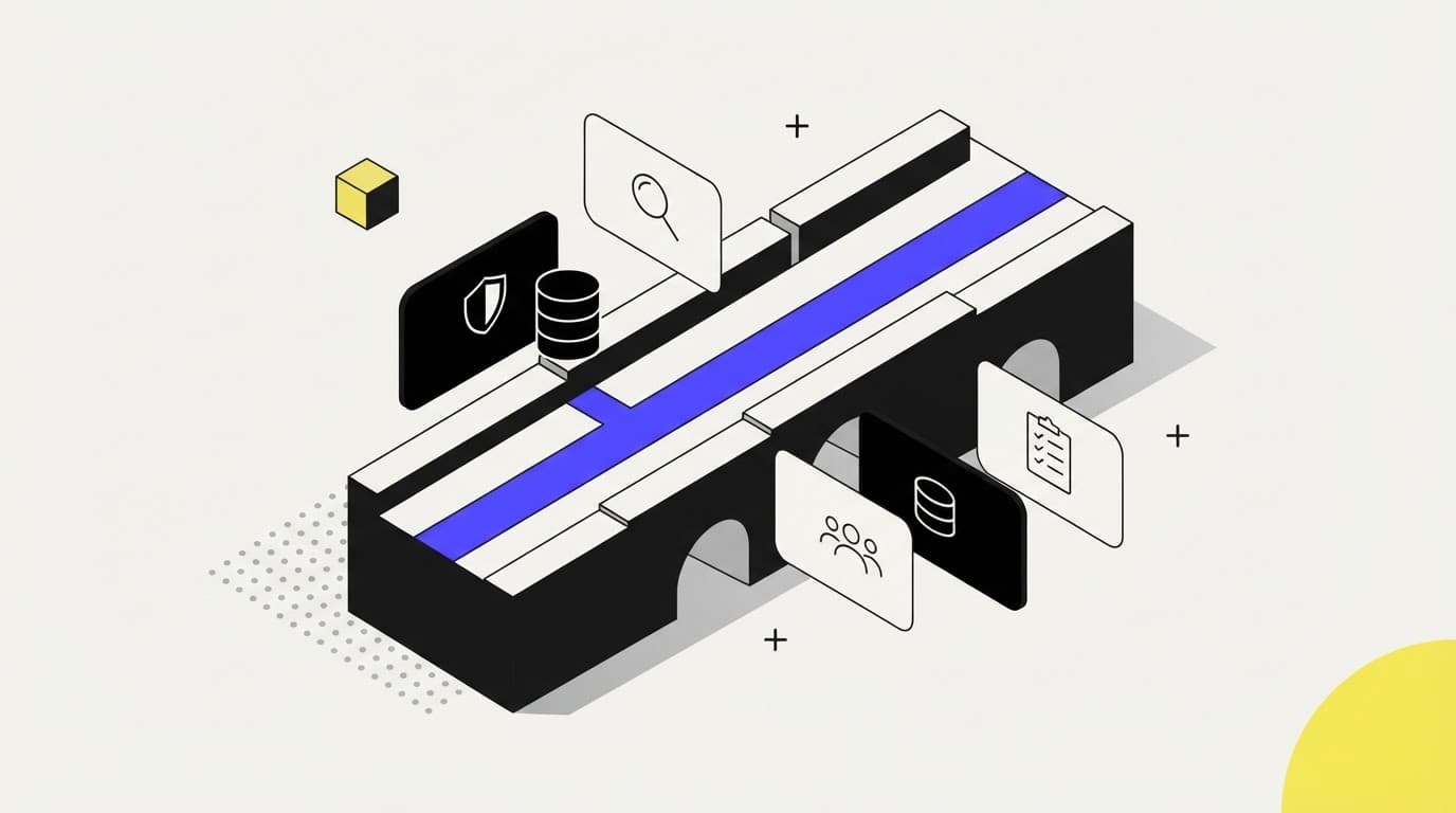 An isometric bridge connecting research cards representing automated due diligence