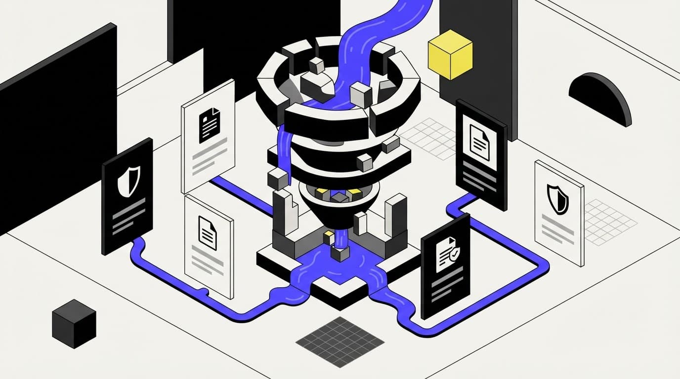 A funnel-shaped filter structure representing the due diligence process