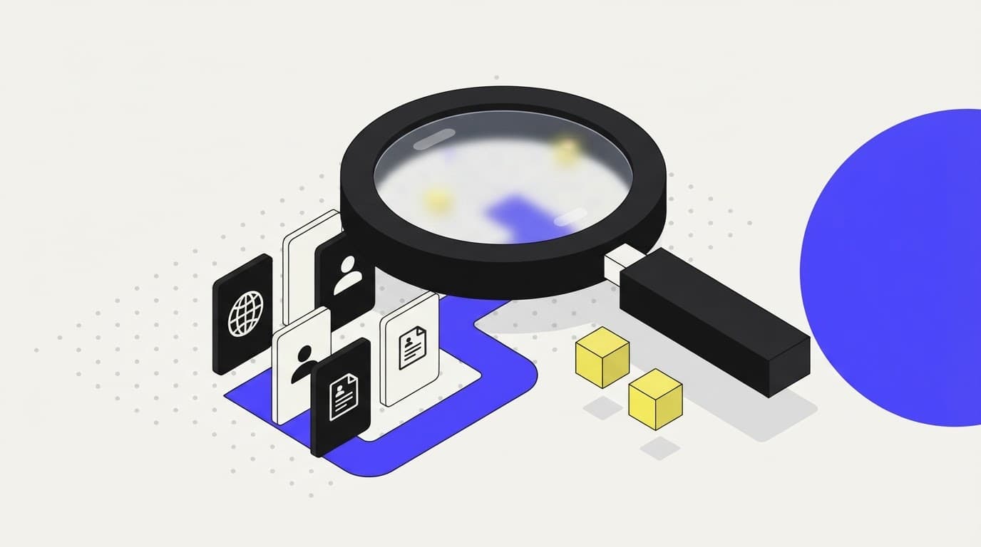 A large magnifying glass hero object with floating cards representing UBO research