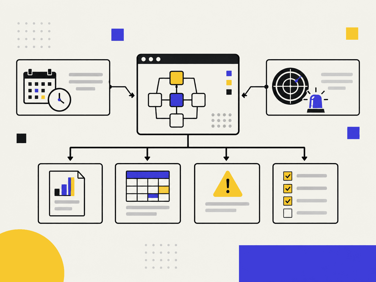 Central platform managing alerts, schedules, metrics, and compliance tasks.