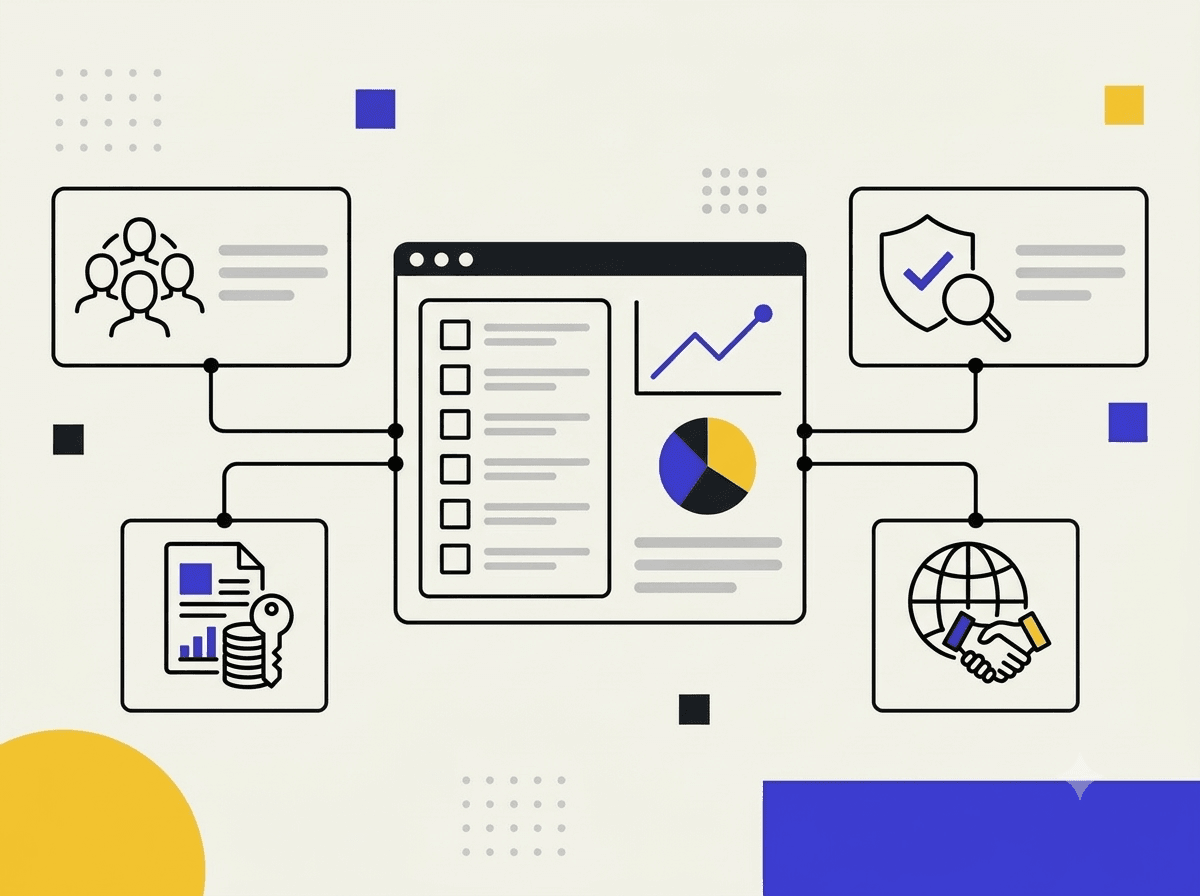 Flat vector illustration of a compliance research platform dashboard.