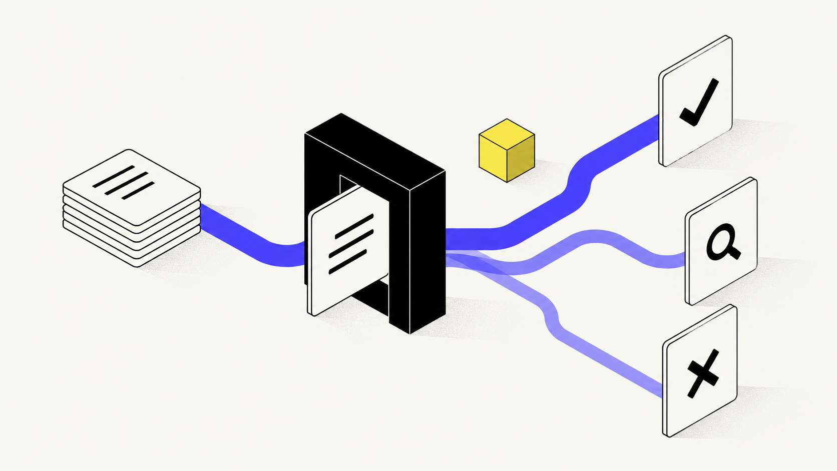 Isometric illustration of research documents passing through a decision gate into approve, review, and decline paths.