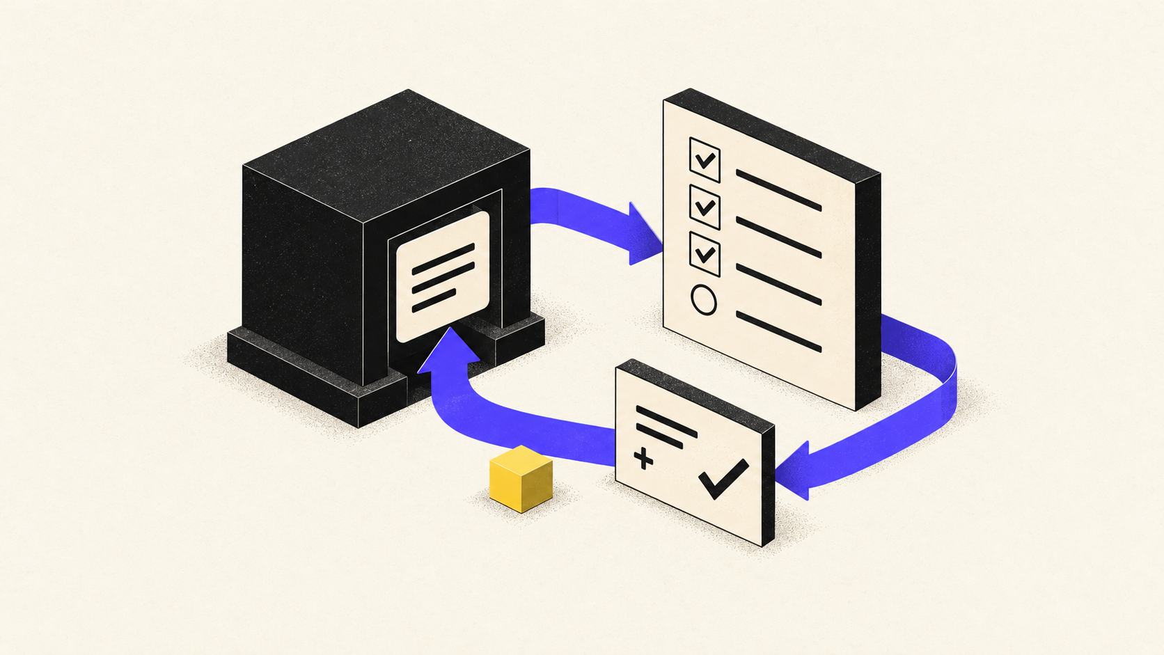 An evaluation checklist and agent workflow connected by a feedback loop, showing reviewed changes improving future runs.