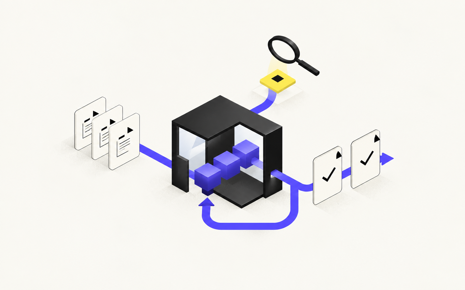 Repeated case documents flow through an agent that builds reusable workflow blocks, with a feedback loop and a separate path for reviewing exceptions.