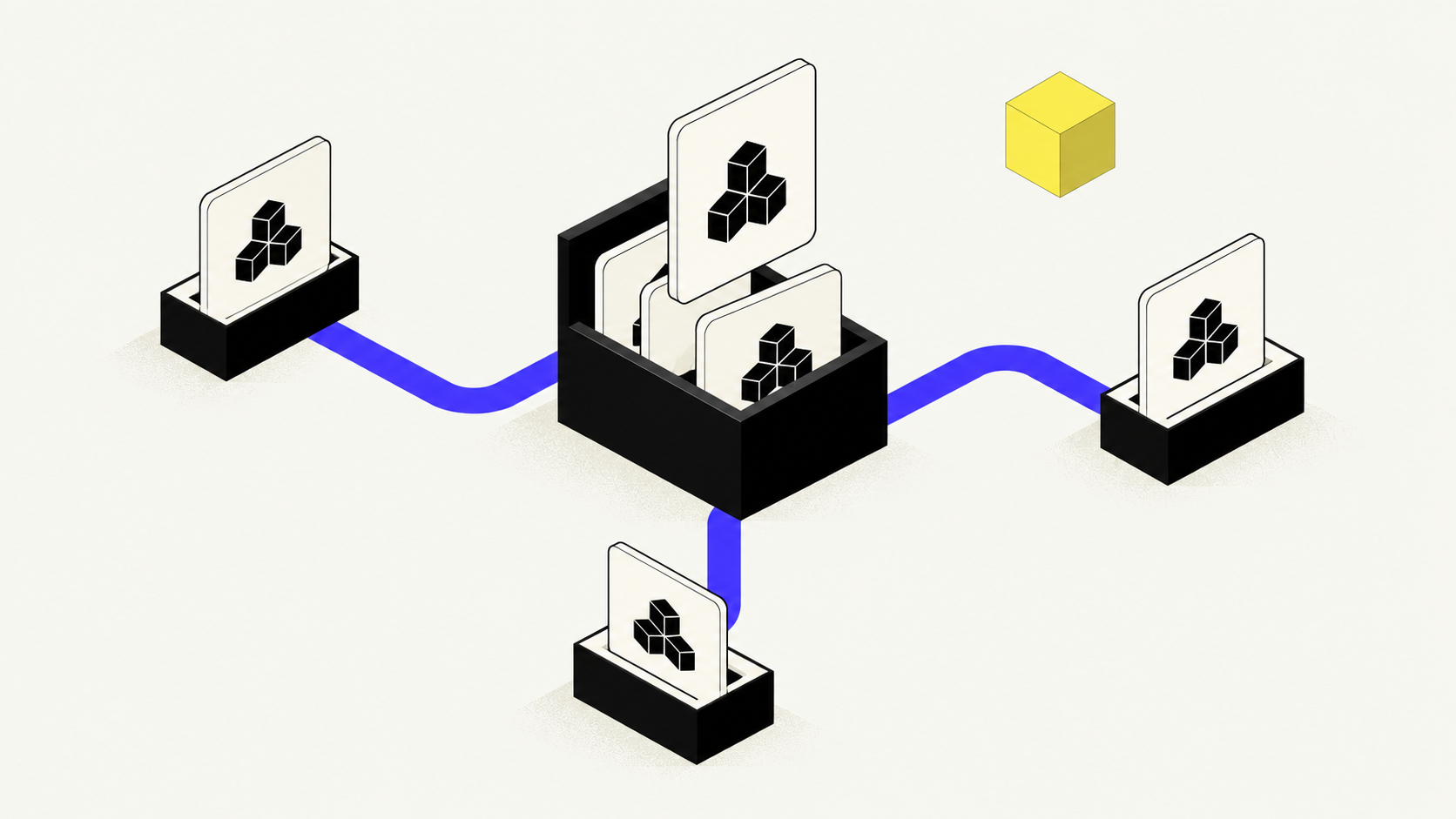 Isometric illustration of a central skill library sharing reusable procedure cards with three connected agents.